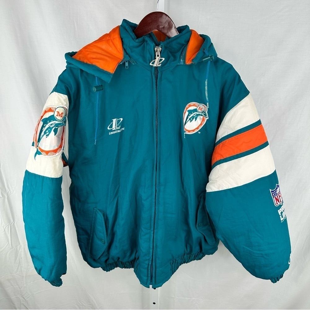 Vintage 90s Authentic Pro Line Miami Dolphins Logo Athletic Puffer Jacket Sz L